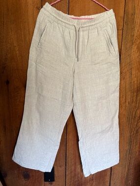 Athleta Cream Linen-Blend Elastic Waist Pants with Pink Trim